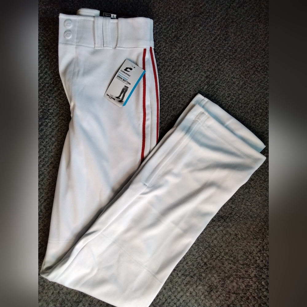 Champro Triple Crown Youth Open Bottom Baseball Pants,  Youth large, White/Red